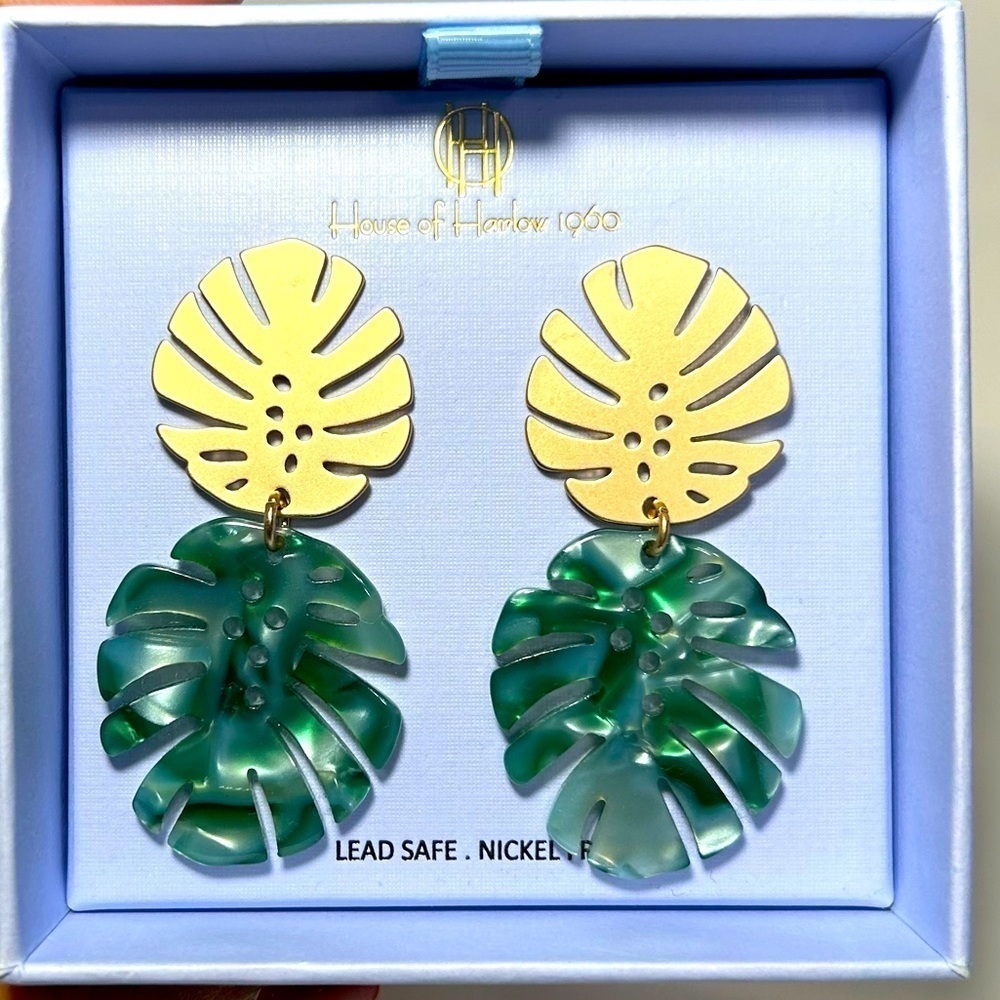 House of‎ Harlow 1960 Gold Tone & Green Resin Palm Tree Leaf Earrings